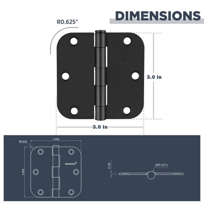 6 Pack Black Door Hinges 3 Inch Interior Door Hinges Matte Black Hinges for Doors 5/8 Radius Bedroom Indoor/Interal Door Hardware 3 Inch Black Door Hinge