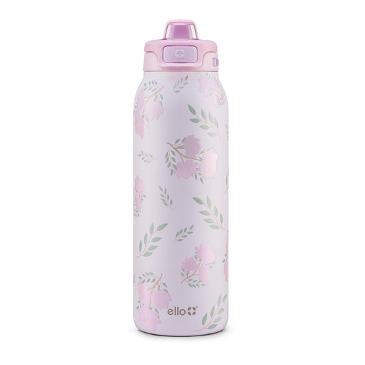 Ello Pop & Fill 32oz Stainless Steel Water Bottle with QuickFill Technology, Double Walled and Vacuum Insulated Metal, Leak Proof Locking Lid, Straw and Chug, Reusable, BPA Free, Blossom Bliss