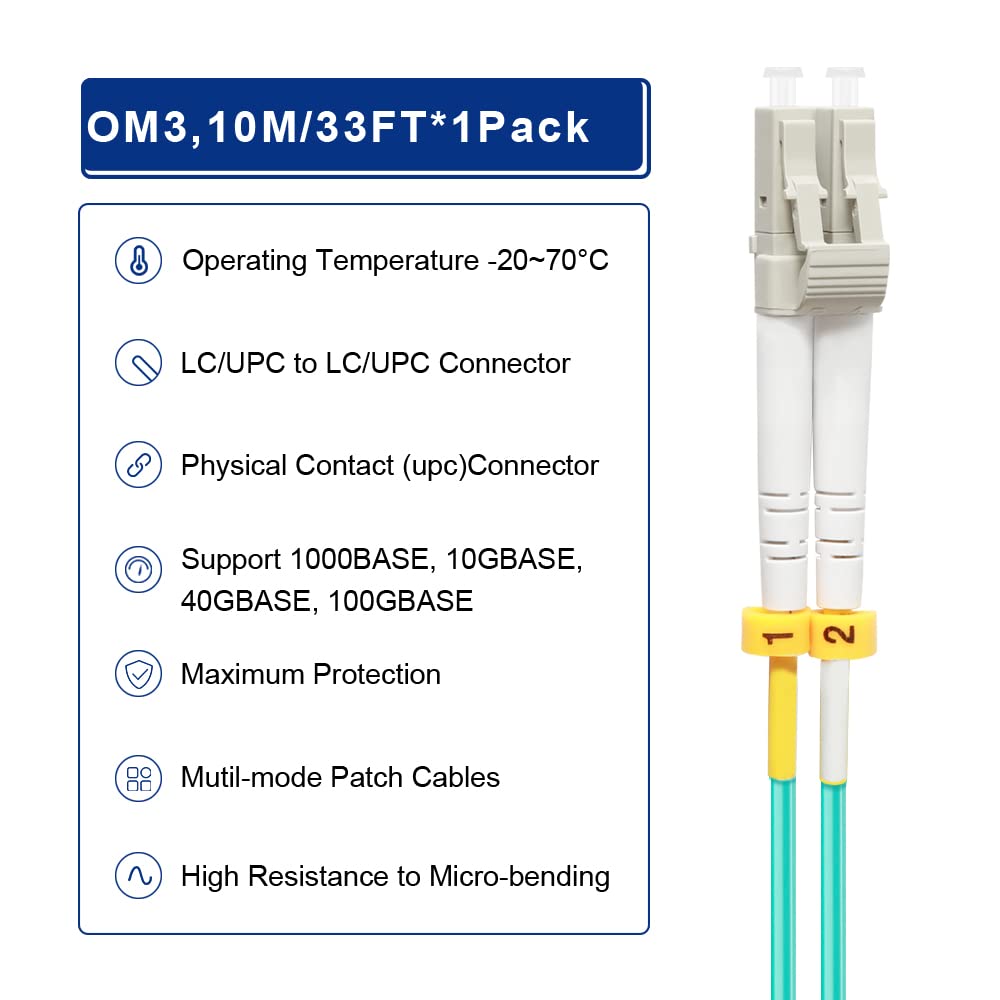 FLYPROFiber- OM3 Fiber LC to LC, 10M Multimode Fiber Optic Cable Cord Length Options: 0.2m-100m, 10GB Duplex LSZH-10Meter(33ft)
