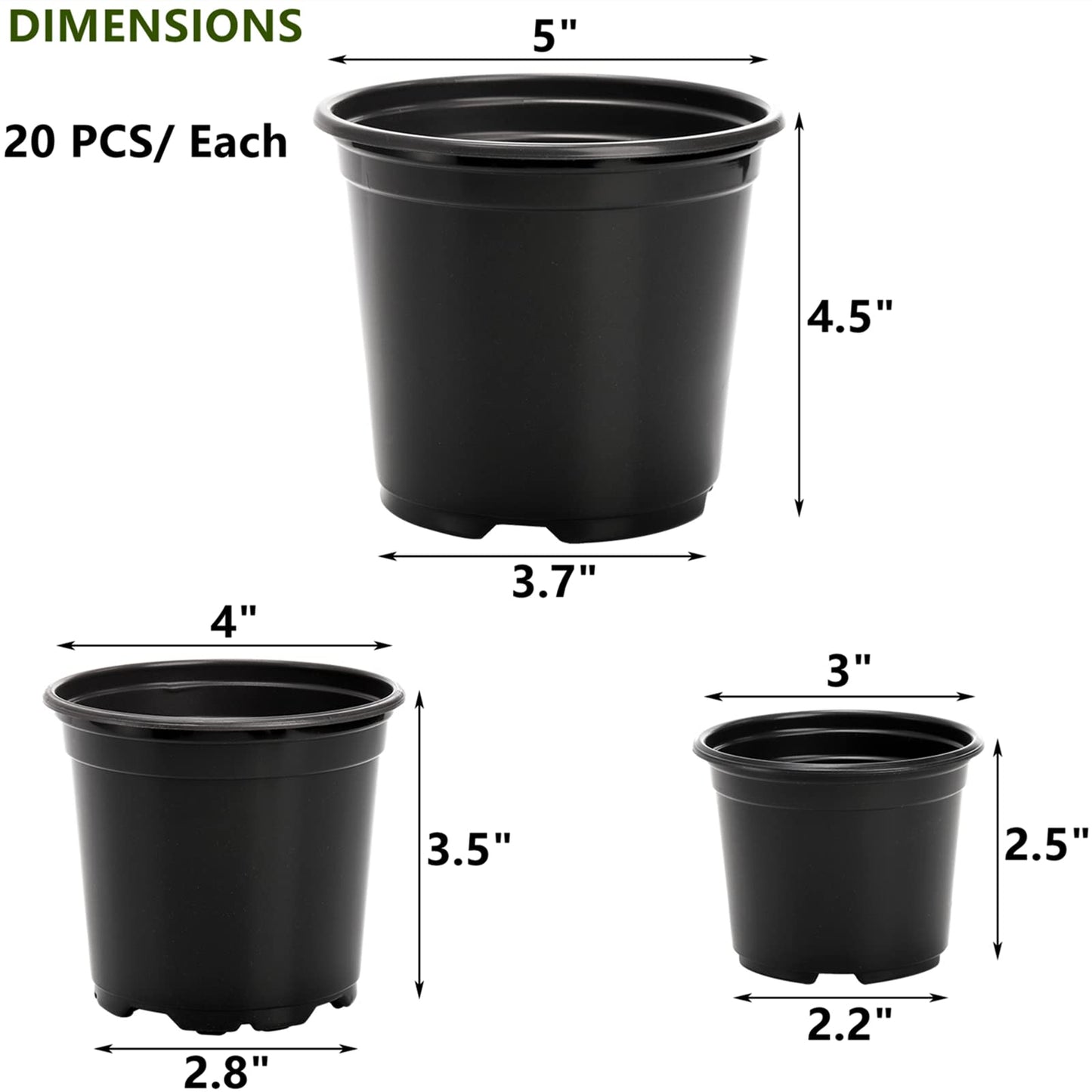 DEAYOU 60 PCS 3" 4" 5" Nursery Pots, Plastic Seed Starting Flower Pots with Drainage Holes, Small Seedling Plant Potting Pots Containers for Garden, Indoor, Outdoor, Succulents, Cuttings, Black