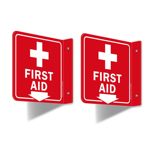 Faittoo First Aid Sign, 2 Pack First Aid with Cross Symbol - 6 x 6 Inches Acrylic Plastic, 2 Pre-Drilled Holes, Includes Matching Screws, Use for Home Office/Business