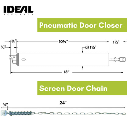 Ideal Security Model 8730 Heavy Duty Pneumatic Screen and Storm Door Closer with Wind Chain, 10.5" L x 1.5" W x 1.5" H, White
