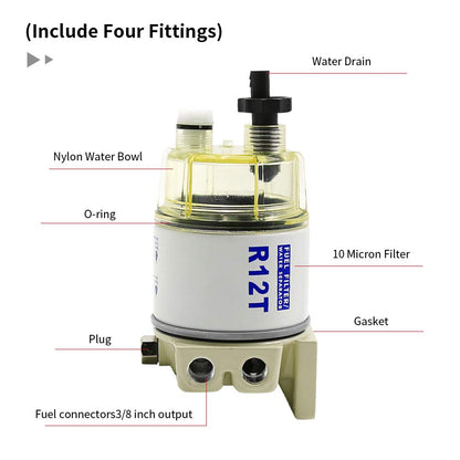Anxingo R12T Fuel Filter Water Separator 120AT NPT ZG1/4-19 with 2 Fittings, 2 Plugs Complete Combo Filter for Marine Diesel Engine Lawn Mower