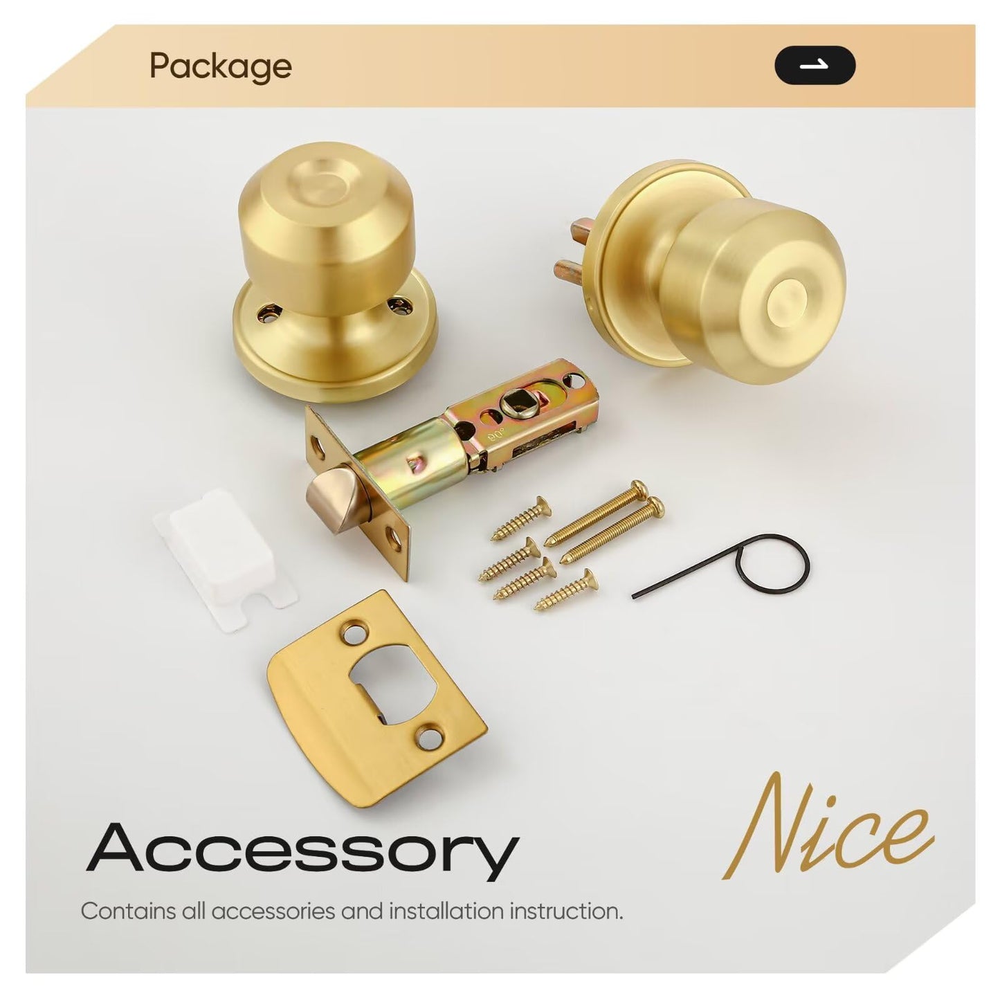 Leydebong 1 Pack Classic Gold Passage Door Knob Closet Door Knob, Satin Brass Door Knob for Interior/Hallway/Closet Doors, Interior Door Knobs