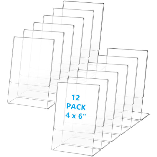 Frcctre 12 Pack Acrylic Sign Holder, 4 x 6 Inches Slant Back Clear Sign Holder Plastic Desktop Flyer Holder Document Holder Paper Display Stand Picture Frame Stand for Home, Office, Store, Restaurant