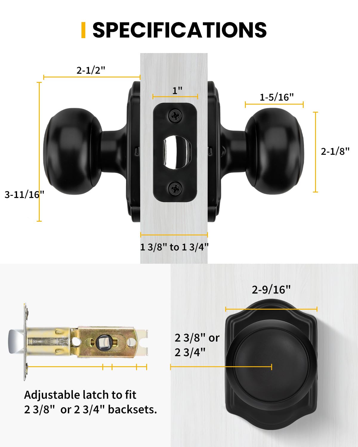 goldenwarm Closet Door Knob with Lock, Black Door Knobs Passage Doors Lock, Reversible Handle with Lock for Left or Right Keyless Bathroom/Bedroom,Modern Home Décor(1 Pack)