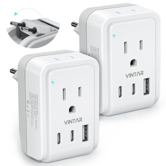 2 Pack European Travel Plug Adapter, VINTAR Foldable International Power Plug with 2 AC Outlets 3 USB Ports(2 USB C), Type C Travel Essentials Charger for Canada to Most of Europe Italy Spain France