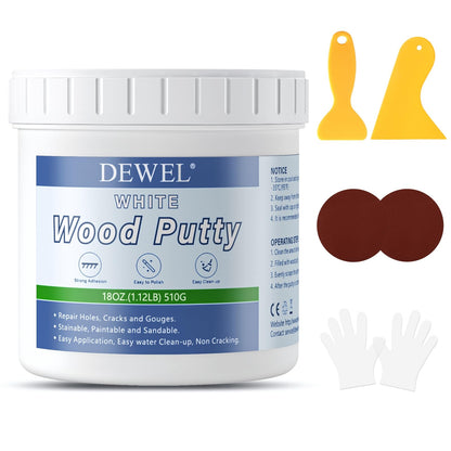DEWEL Wood Putty, 18 Ounce White Wood Filler Putty Paintable, Stainable, Premium Furniture Repair Kit Quickly Restore Holes and Cracks on Wooden Furniture