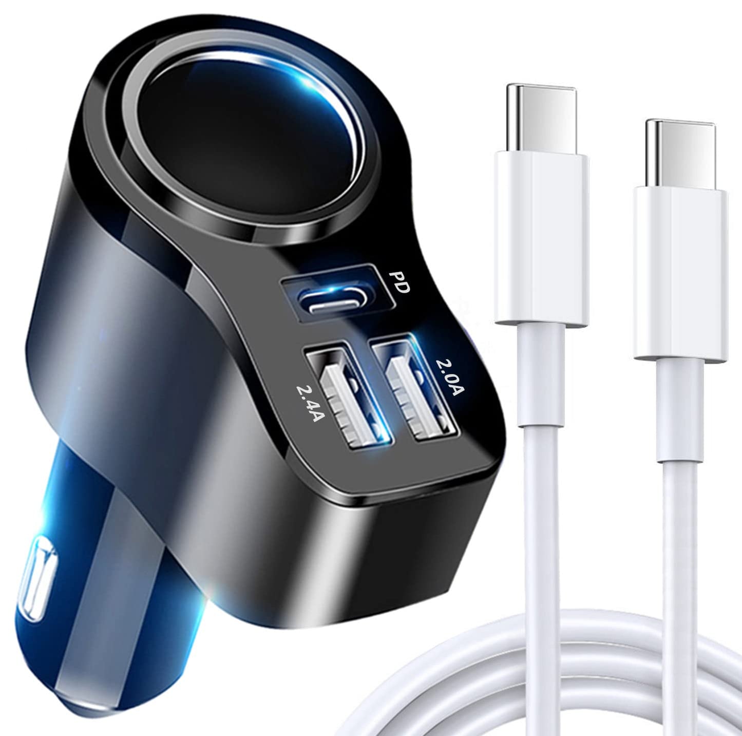 4 in 1 USB C Car Charger, 168W Multi USB Cigarette Lighter Adapter, Socket Splitter with 3 USB Ports, 12V/24V Dual USB Type C PD Fast Car Charger Adapter for iPhone 17/Air/16/15 Pro Max iPad GPS
