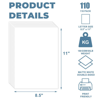 110 Sheets White Cardstock Paper 8.5" x 11", 65 lb/180 GSM White Card Stock Printer Paper for Cards Making, Office Printing, Cards for Wedding, Invitation, Business, Menus, Valentine’s Day, White
