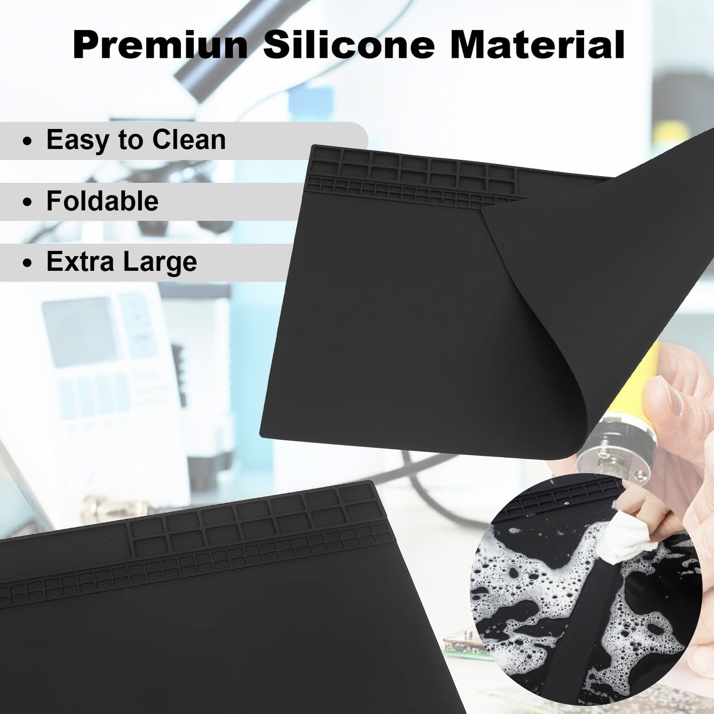 60x35cm Heat Resistant Large Silicone Soldering Mat with Grounding Accessories and Anti Static Wrist Strap, Repair ESD Safe Work Mat for Soldering, Computer, Cellphone Workbench Protection Etc (Black)
