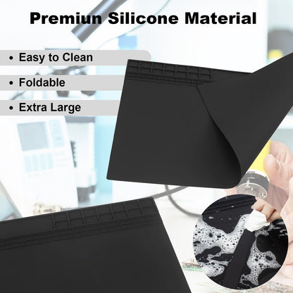 60x35cm Heat Resistant Large Silicone Soldering Mat with Grounding Accessories and Anti Static Wrist Strap, Repair ESD Safe Work Mat for Soldering, Computer, Cellphone Workbench Protection Etc (Black)