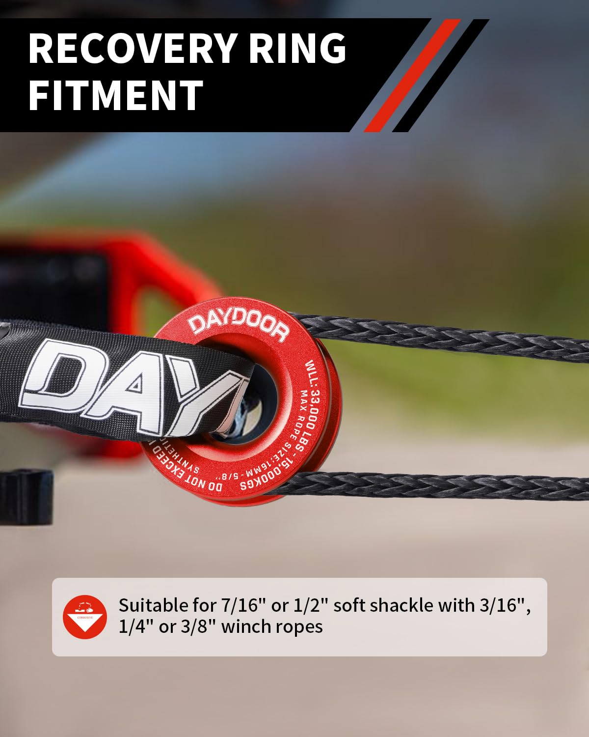 DAYDOOR Winch Snatch Recovery Ring, 66,000 lbs Breaking Strength (33,000 lbs WLL), Compatible with Soft Shackle and Synthetic Rope for SUV UTV ATV Truck Off-Road Recovery(Red)