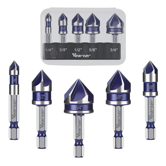 Vearter Countersink Drill Bit Set 1/4'' to 3/4'', 5PCS HSS 5-Flute Chamfer Bits with 1/4" Hex Shank Quick Change & Clear Storage Case, Woodworking Tools for Metal, Wood, Plastic