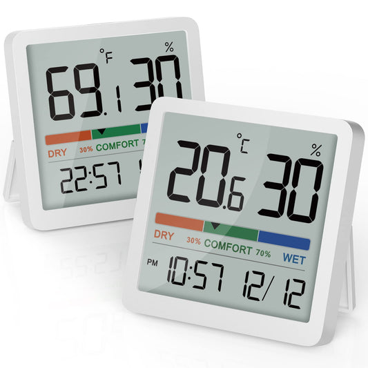 NOKLEAD Digital Hygrometer Indoor Thermometer: Temperature and Humidity Monitor with Accurate Sensor, Small Humidity Meter with Time Date for Home Garage Greenhouse Baby Room (2, White, 7*7*1.4cm)