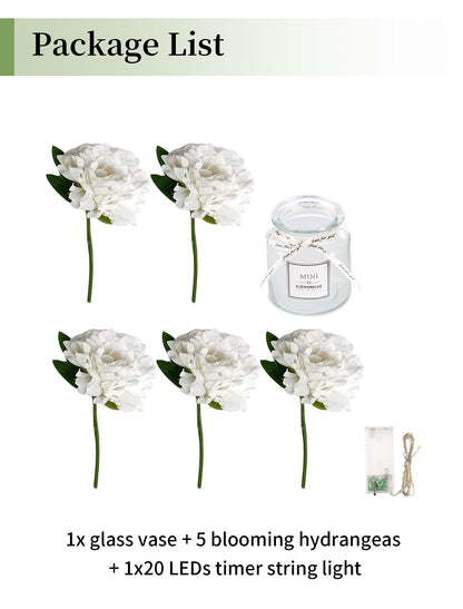 BLOSMON White Fake Flowers with Vase: Small Coffee Table Decor Bathroom Hydrangea Faux Flowers in Vase Office Desk Shelf Home Living Room Bedroom Vanity nightstand Decorations Floral Arrangement