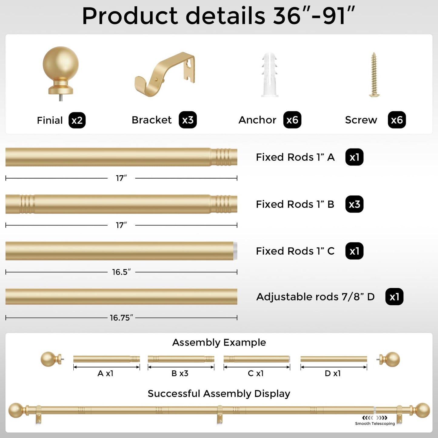 Gold Curtain Rods for Windows 48 to 84 Inch, Adjustable Heavy Duty 1" Diameter Decorative Curtain Rod with Matte Gold Round Finials, Modern Easy Install Extendable Metal Drapery Pole Set