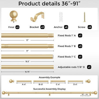 Gold Curtain Rods for Windows 48 to 84 Inch, Adjustable Heavy Duty 1" Diameter Decorative Curtain Rod with Matte Gold Round Finials, Modern Easy Install Extendable Metal Drapery Pole Set