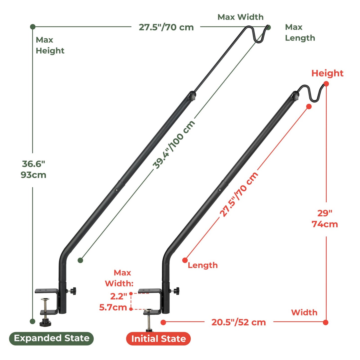Kingsyard Heavy Duty Deck Hook, 27"-39" Adjustable Metal Deck Railing Hooks for Hanging Bird Feeders, Planters, Suet Baskets, Lanterns, Wind Chimes, Clamp Mounted