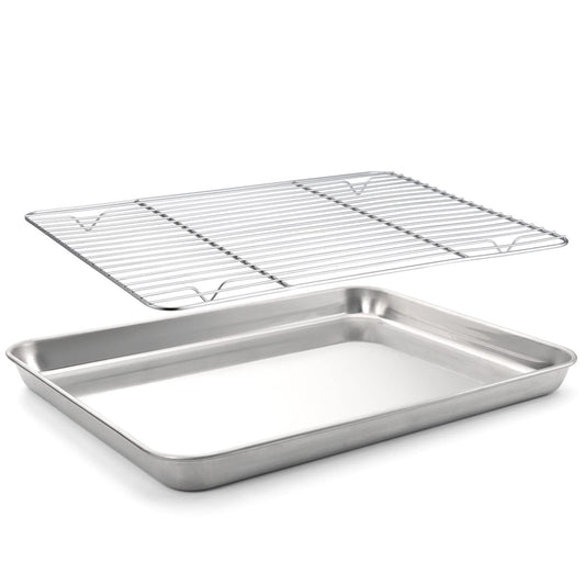 Baking Sheet with Rack Set (1 Sheet + 1 Rack), HaWare Stainless Steel Cookie Sheet for Oven Baking, 16”x12” Baking Pan Tray with Cooling Rack, Non Toxic & Heavy Duty, Dishwasher Safe