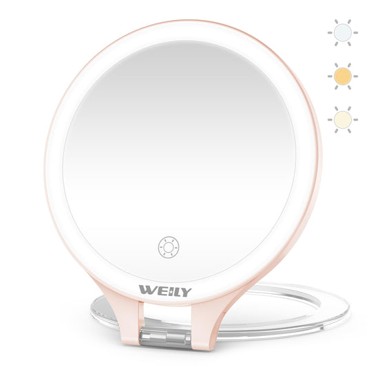 WEILY Magnifying Makeup Mirror 10X/1X, Travel Mirror with Light, Double Sided Rechargeable Mirror with 3 Color Lights for Makeup, Tweezing, Blackhead and Come Done Removal (Pink)