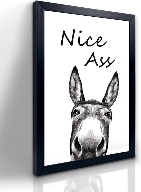 Foduuo Funny Bathroom Wall Art Decor, Black and White Donkey Wall Art, 12x16in Waterproof Canvas Framed Wall Art Animals Abstract Prints, High-end Pictures for Bedroom Kids Room