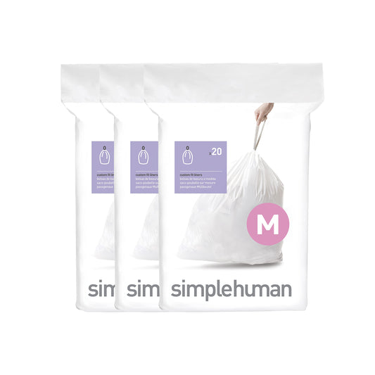 simplehuman Code M 60 Count, Dispenser Pack Custom Fit Liners, Drawstring Trash Bags, 45L / 12 Gallons, White