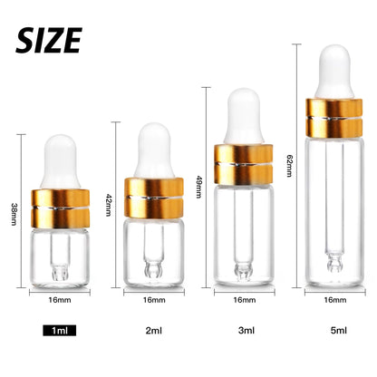 Comrzor 100 Pack 1ml Clear Glass Dropper Bottles with 4 Pcs Plastic Droppers, Mini Sample Dropper Bottles for Essential Oils Perfume Cosmetic Liquid, Empty Travel Sample Vials with Gold Cap