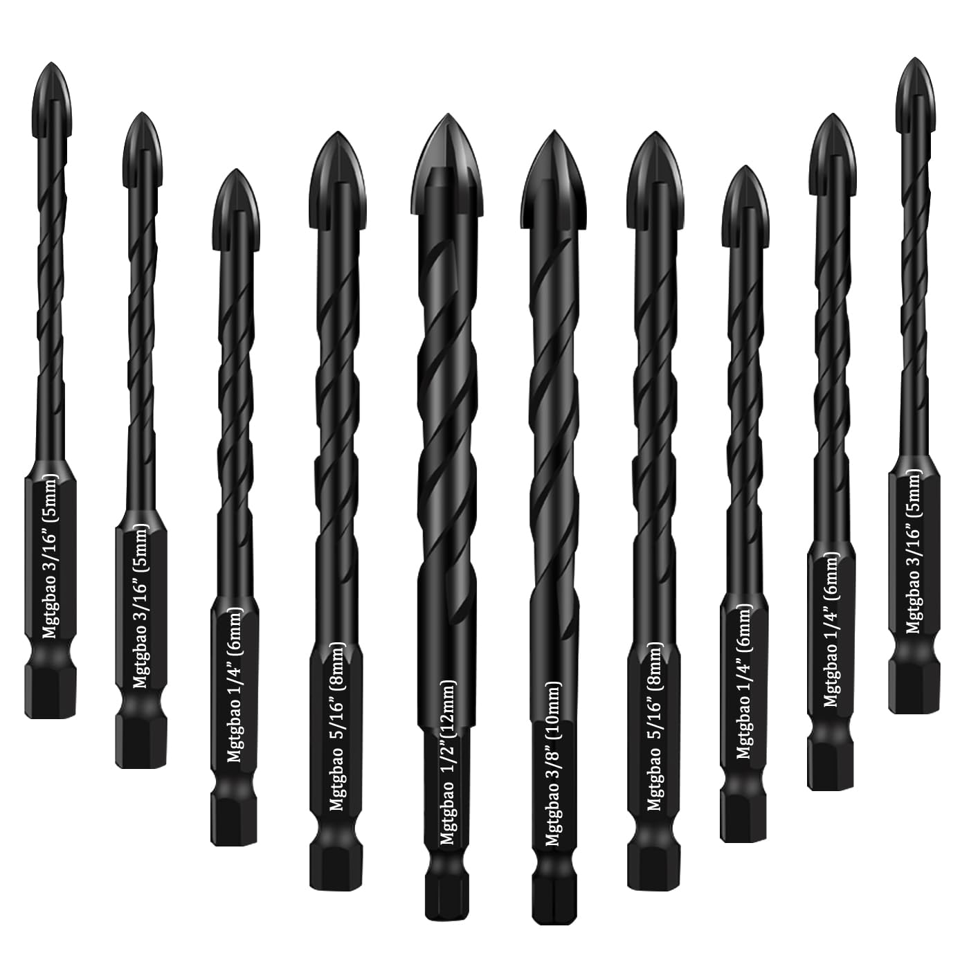 Mgtgbao Concrete Drill Bit Set, 10pcs Masonry Drill Bits Set Carbide Tip for Glass, Brick, Tile, Concrete, Plastic and Wood with Size 3/16” (5mm) to 1/2” (12mm).