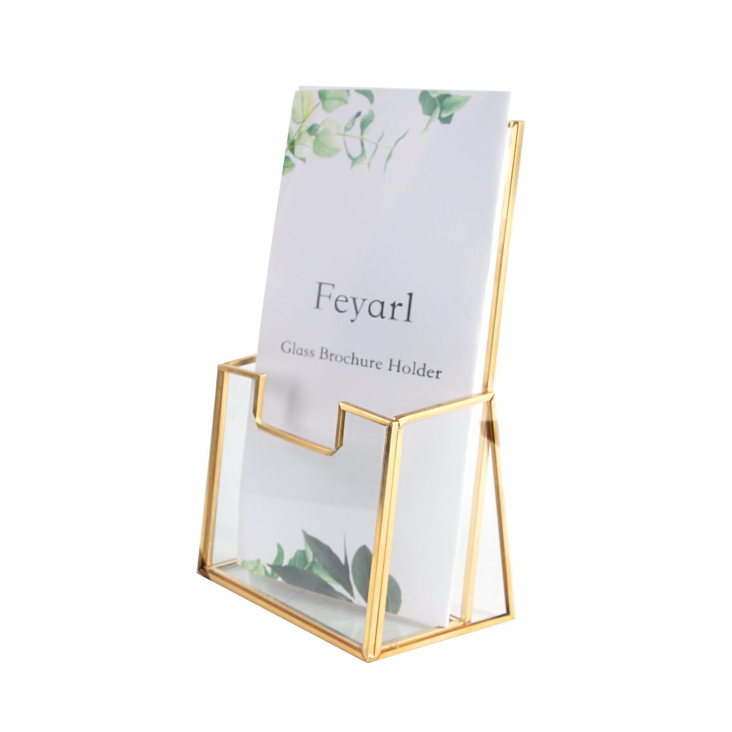 Feyarl Gold Glass Brochure Holders 4x9inch Pamphlets Cards Literature Flyer Trifold Holder Glass Display Stand for Brochures Magazines Literatures Display Countertop
