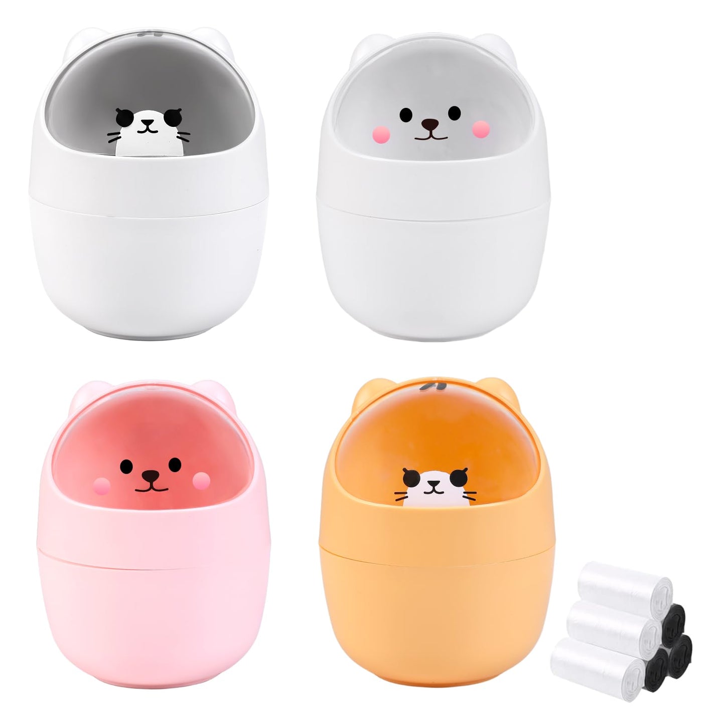 Witwatia 4 Pcs Small Trash Can with Swing Lid, Cute Bear Removable Desktop Trash Can 6 Garbage Bags, Plastic Wastebasket Garbage Bin for Home, Office, Kitchen, Vanity Tabletop, Bedroom, Bathroom