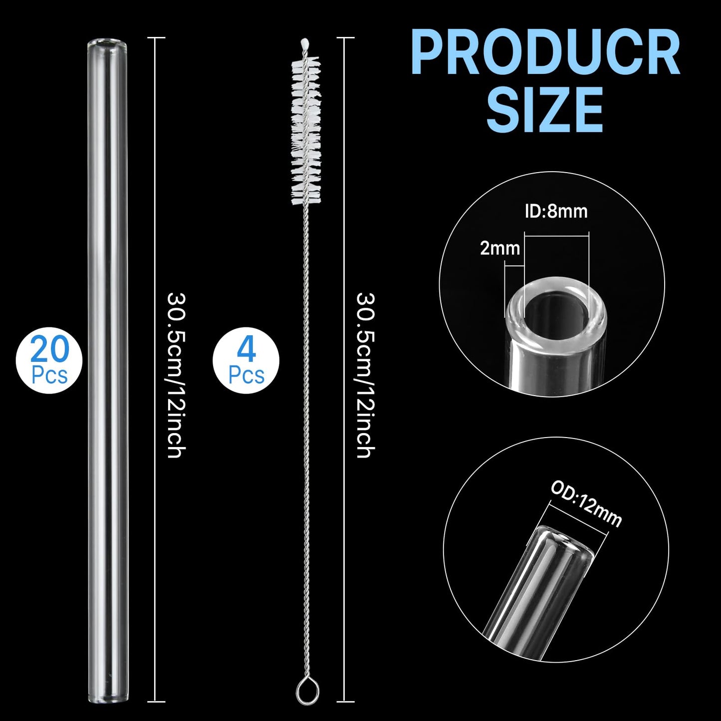 Worldity 20Pcs 12 Inch Long Glass Borosilicate Blowing Tubes, Industrial Glass Tubes for Glass Blowing 12mm OD, 8mm ID, 2mm Thick Wall Clear Glass Pipe with 4 Cleaning Brush for Laboratory Experiment