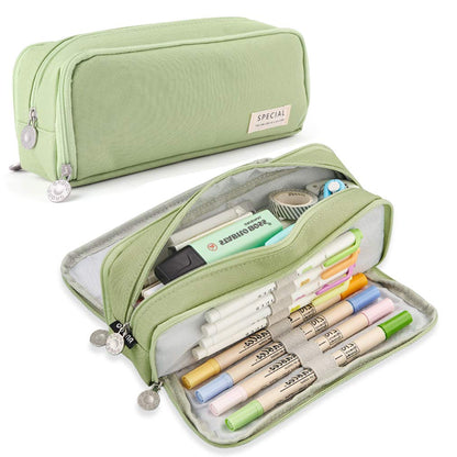iSuperb Large Pencil Case 3 Compartments Pencil Pouch Big Capacity Pencil Bag Oxford Stationery Storage Pen Bag Cosmetic Makeup Pouch for Women Girls (Green)