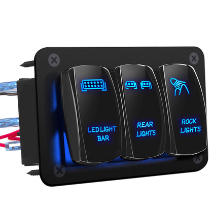 DaierTek LED Light Bar Switch Panel, 3 Gang Rocker Switch Panel, 12V Toggle Switch Panel for Truck Car RZR Jeep RV Automotive Marine Boat Blue 12 Volt Switch Panel Waterproof