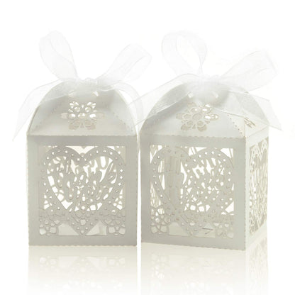 COTOPHER Laser Cut Boxes, 100pcs Thank You Gift Boxes Wedding Party Favor Boxes Lace Candy Boxes for Wedding Bridal Shower Baby Shower Birthday Party Decorations with Ribbons (2x2x2.75inch, White, 100