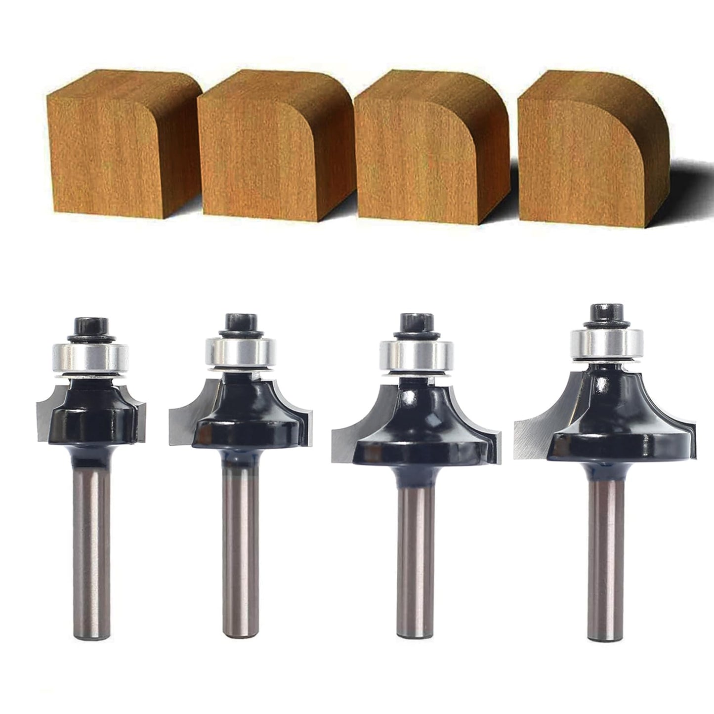 SICWOOD 4pc Roundover Router Bit Set, 1/4 Shank, Carbide, 2 Flute, 1/8", 1/4", 3/8", 5/16" Round-Over Cut, Router Bit Set, Woodworking, CNC Router