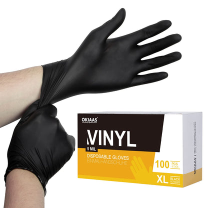 OKIAAS Black Disposable Gloves XL|Latex-Free Vinyl Gloves for Household, Food Handling, Lab Work and More|X-Large,100 Counts/Box