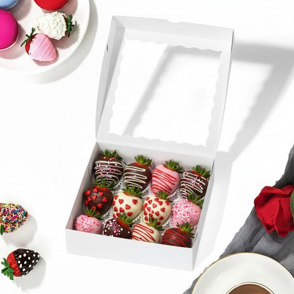 RomanticBaking 28pcs 9x9x2.5 Inches Bakery Boxes with Window for Pie, Chocolate Covered Strawberries, Breakable Heart, Cookies, Cakesickle