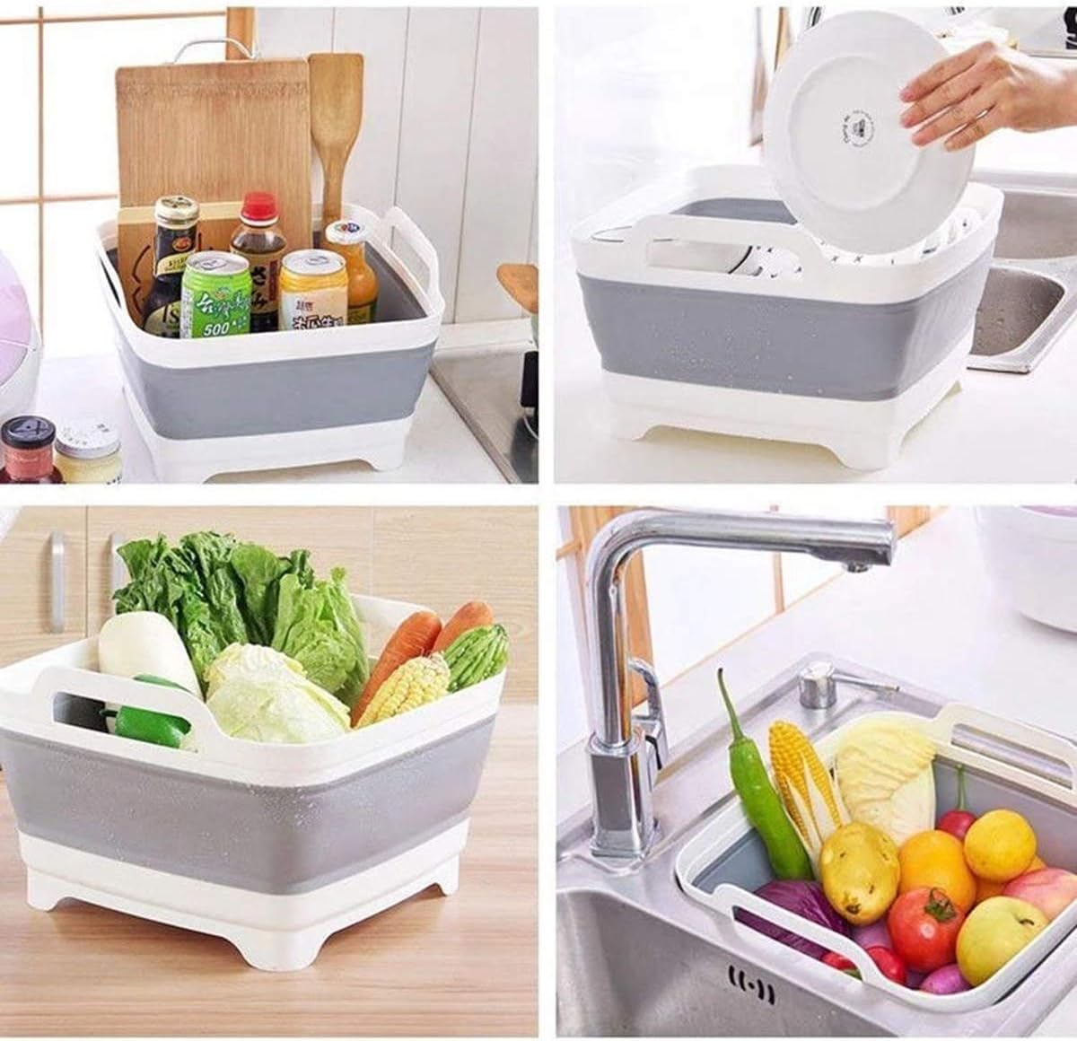 Collapsible Dish Basin with Drain Plug Dish Storage Rack Basket for 9L Capacity Portable Storage Container for Kitchen Motorhome Camper Vegetable Washing, RV