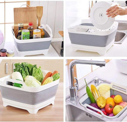 Collapsible Dish Basin with Drain Plug Dish Storage Rack Basket for 9L Capacity Portable Storage Container for Kitchen Motorhome Camper Vegetable Washing, RV