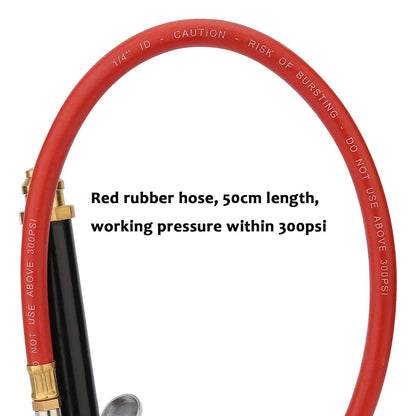 MEASUREMAN Heavy Duty Tire Inflator, Aluminum Body, 20" Red Hose, Clip On Air Chuck, Aluminum Slide, Range 10-130psi/kpa