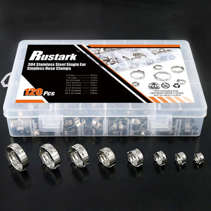 Rustark 120Pcs 6-23.5mm 304 Stainless Steel Single Ear Stepless Hose Clamp Clips Assortment Kit for Various Hoses and Automotive Use