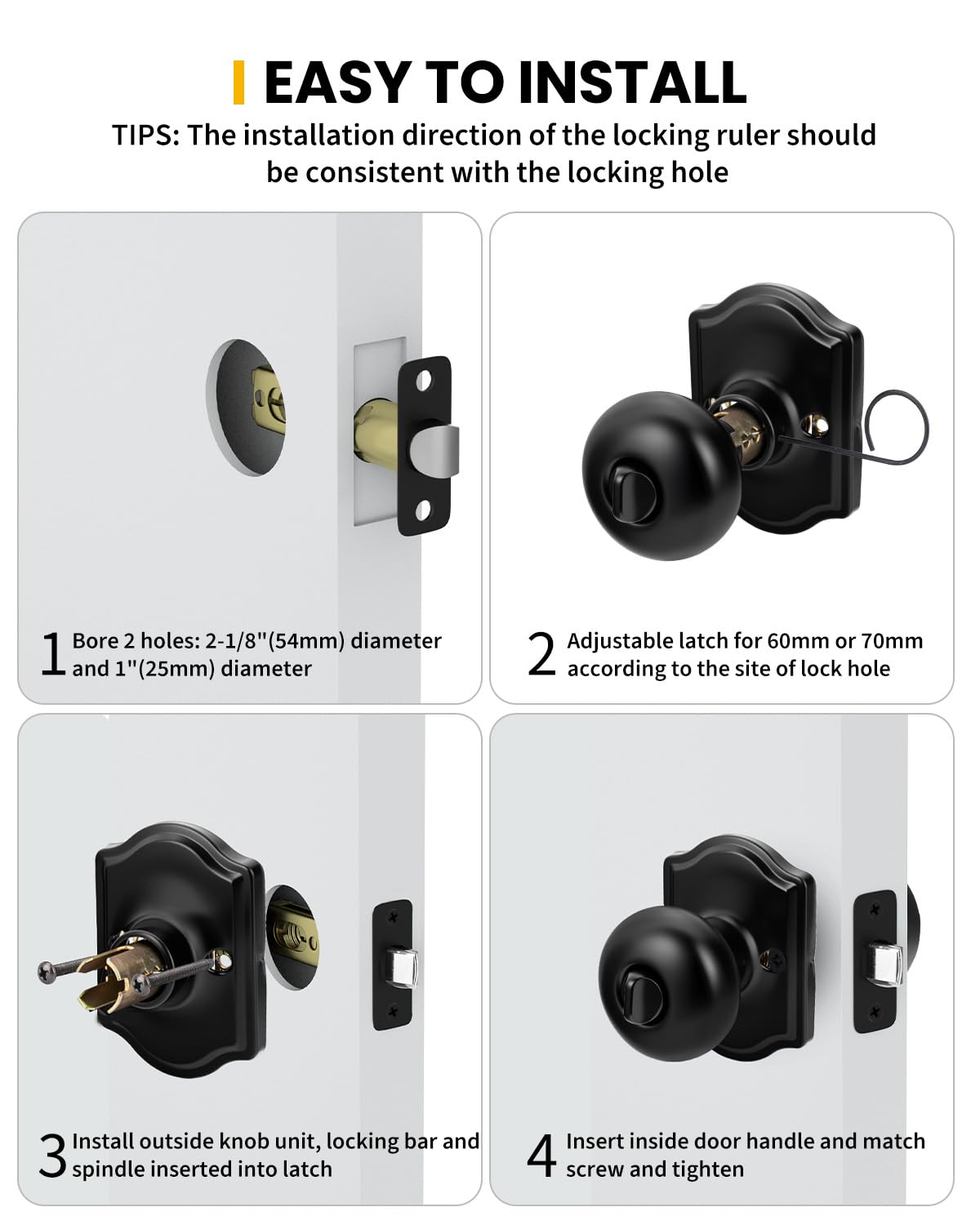 goldenwarm Closet Door Knob with Lock, Black Door Knobs Passage Doors Lock, Reversible Handle with Lock for Left or Right Keyless Bathroom/Bedroom,Modern Home Décor(1 Pack)