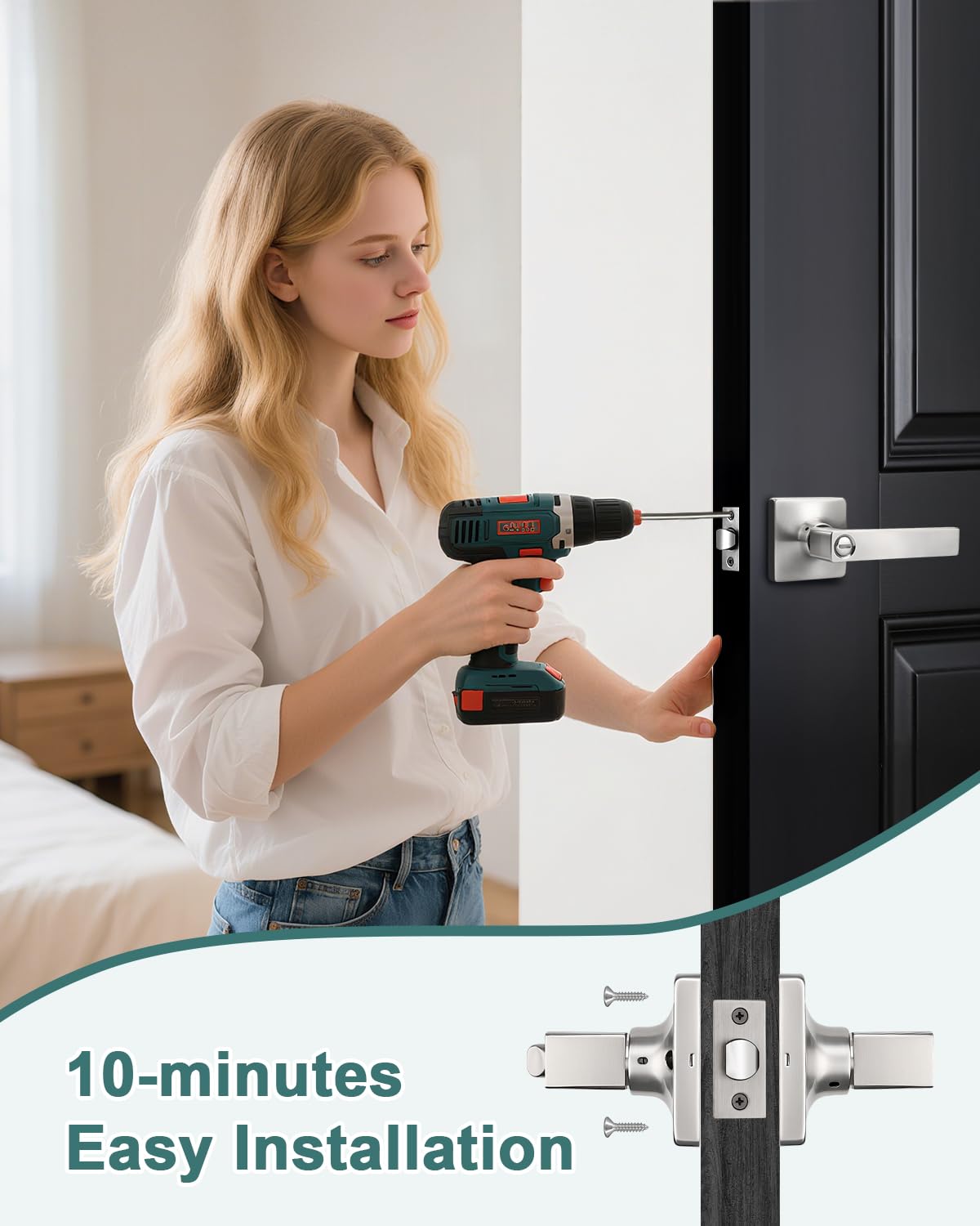 GOBEKOR 1 Pack Square Satin Nickel Privacy Door Lever,Keyless Door Handle Interior Use,Bathroom/Bedroom Door Lock (Thumb Turn,No Key),Reversible for Right or Left Side Door Handle Lock