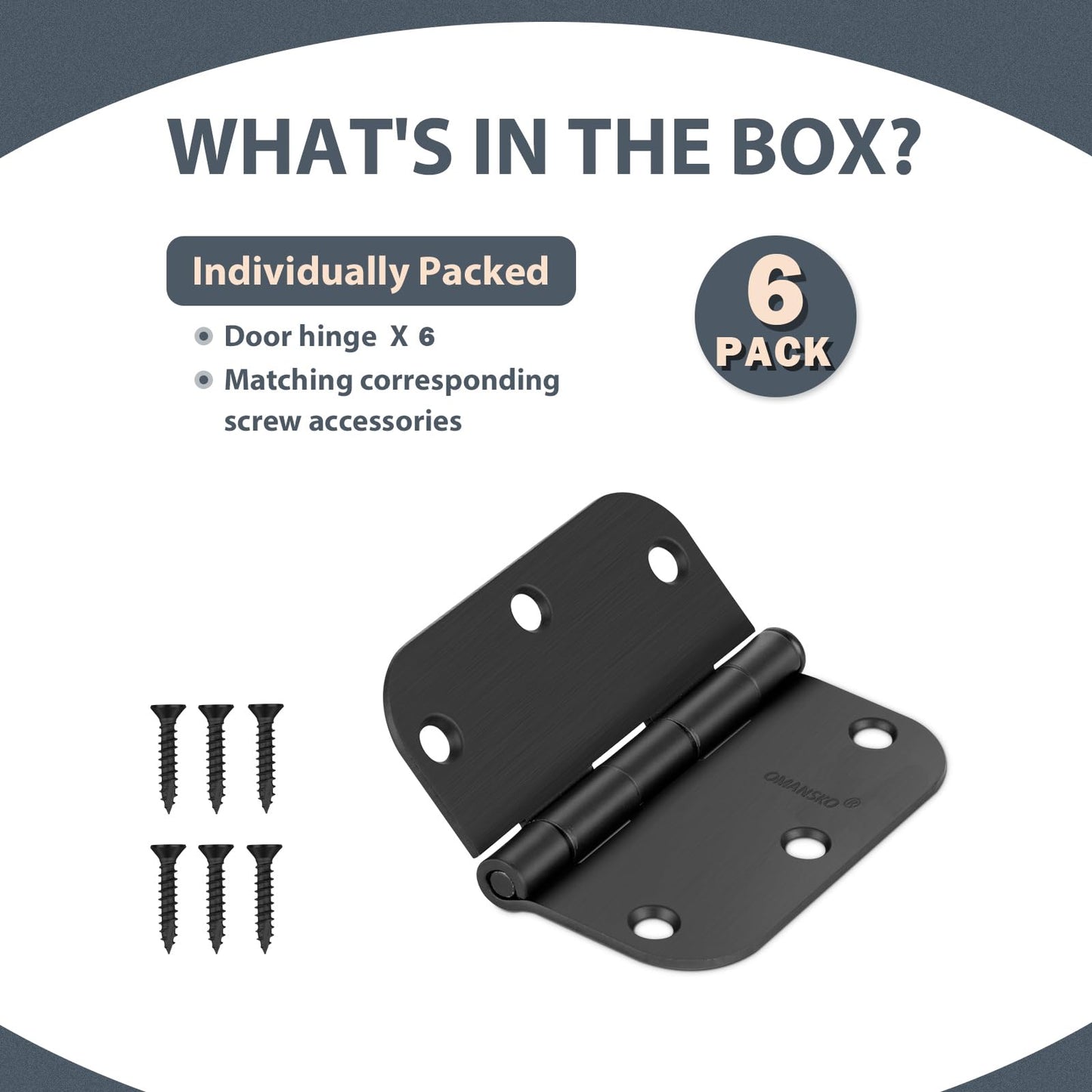 6 Pack Black Door Hinges 3 Inch Interior Door Hinges Matte Black Hinges for Doors 5/8 Radius Bedroom Indoor/Interal Door Hardware 3 Inch Black Door Hinge