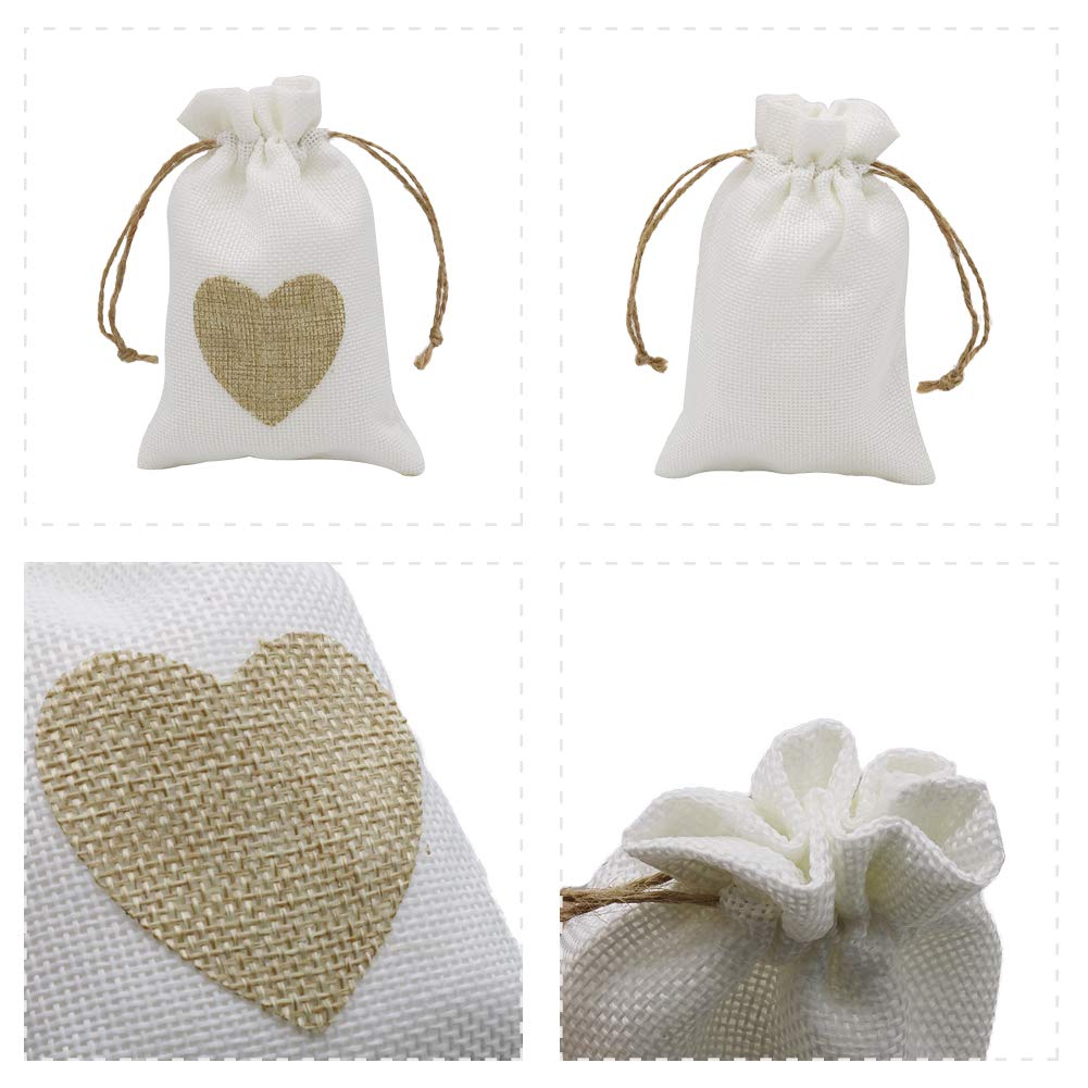 30pcs Burlap Bags, Jute Drawstring Pouches Wedding Gift Bags Jewelry Candy Pouch for Wedding Shower Birthday Christmas Party Favors DIY Craft (White with Brown Heart)