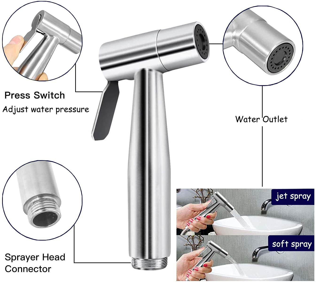 Handheld Bidet Sprayer for Toilet, Stainless Steel Jet Spray for Toilet Seat, Muslim Shower, Adjustable Water Pressure with Bidet Hose, Support Wall or Toilet Mount