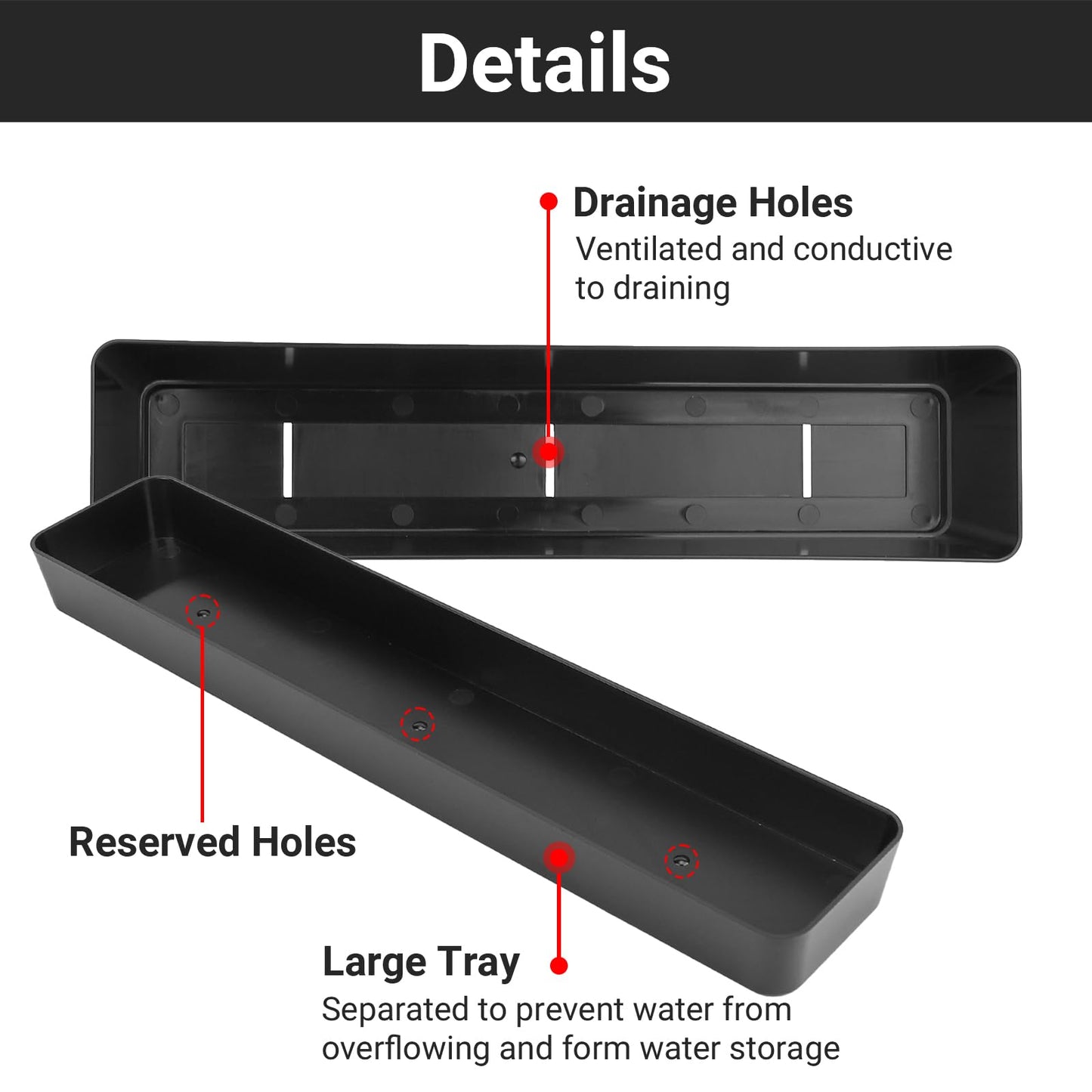 GREANER 3PCS 16x3.8 Inch Window Boxes Planters, Black Rectangle Planters Box with Drainage Holes and Trays, Herb Succulents Flowers Plastic Pot for Windowsill, Garden, Balcony, Indoor, Outdoor Decor