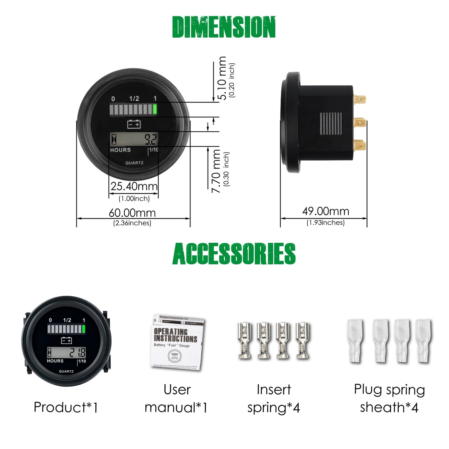 Yooreal 12/24V 36/48V 72V Golf Cart Battery Meter,Hour Meter&Battery Indicator Gauge Meter Lead-Acid Battery,Charging Reminder,Easy Installation for Golf Cart Club Car RV Forklift Tractor ETC