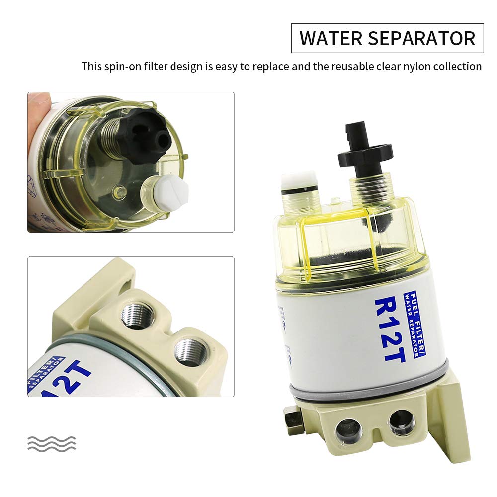 Anxingo R12T Fuel Filter Water Separator 120AT NPT ZG1/4-19 with 2 Fittings, 2 Plugs Complete Combo Filter for Marine Diesel Engine Lawn Mower